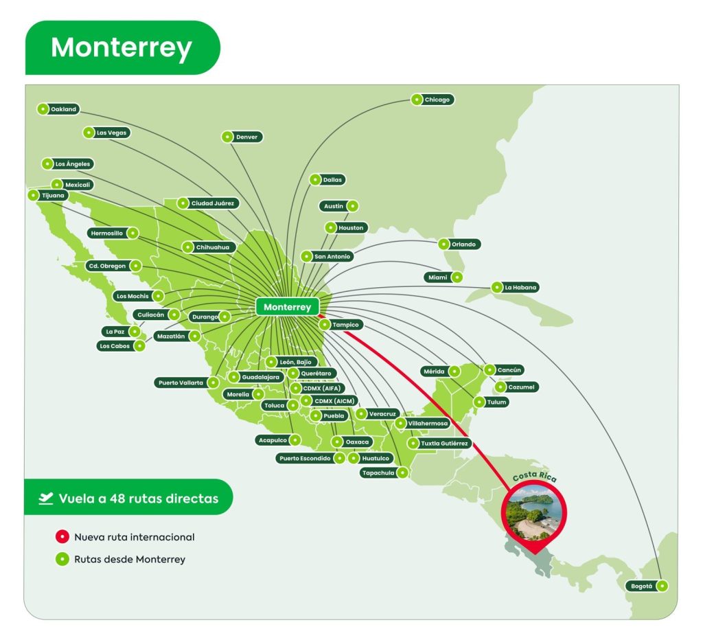 Viva anunció su nueva ruta directa: Monterrey (MTY) - San José (SJO).
